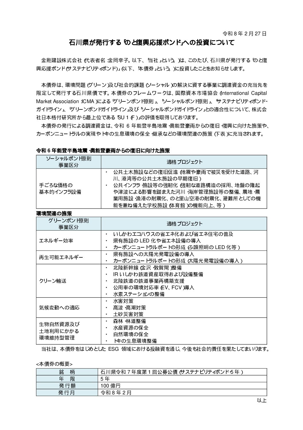 石川県が発行する「のと復興応援ボンド」への投資について
